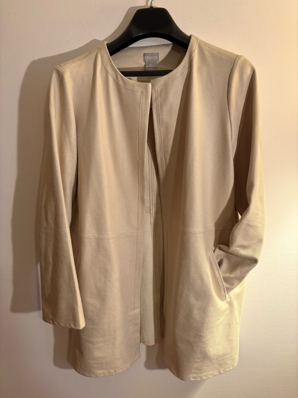 Chico’s Cream Textured Jacket Size 2P (12/14) Open Front Lightweight